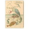 n°20469 - Carte Gaufrée - 1er Avril - Bonne pêche, petite grue ....  - Grue et poissons