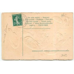 n°20469 - Carte Gaufrée - 1er Avril - Bonne pêche, petite grue ....  - Grue et poissons