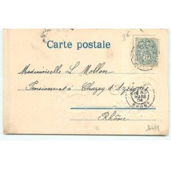 n°20471 - Carte Gaufrée - Pâques - Lièvre dans un oeuf tiré par des poussins