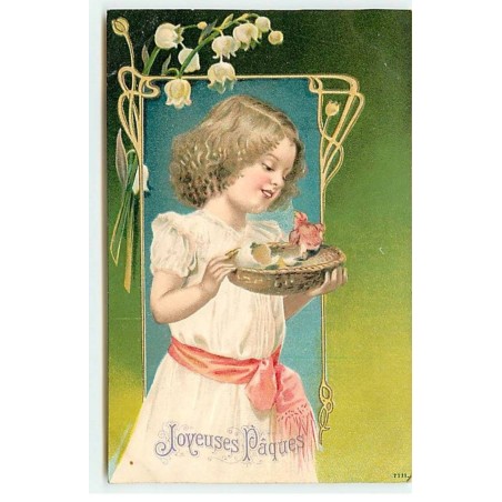 n°20473 - Carte Gaufrée - Joyeuses Pâques - Fillette portant un poussin dans un plateau en osier, muguet
