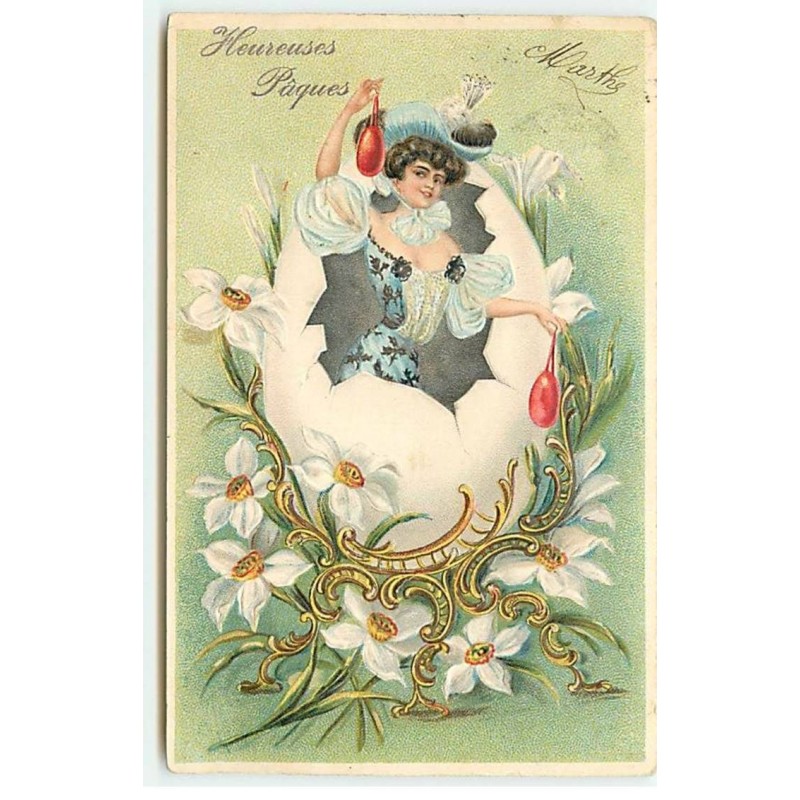 n°20474 - Carte Gaufrée - Heureuses Pâques - Jeune femme sortant d'un oeuf entouré de fleurs