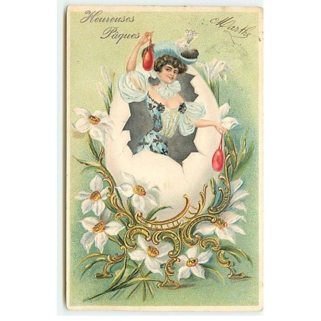 n°20474 - Carte Gaufrée - Heureuses Pâques - Jeune femme sortant d'un oeuf entouré de fleurs