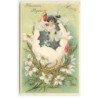 n°20474 - Carte Gaufrée - Heureuses Pâques - Jeune femme sortant d'un oeuf entouré de fleurs
