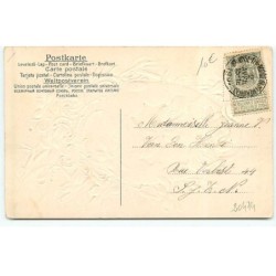 n°20474 - Carte Gaufrée - Heureuses Pâques - Jeune femme sortant d'un oeuf entouré de fleurs