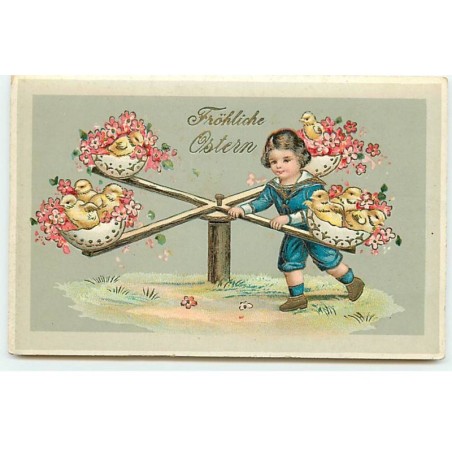 n°20475 - Fröhliche Ostern - Garçon jouant à un tourniquet avec des poussins