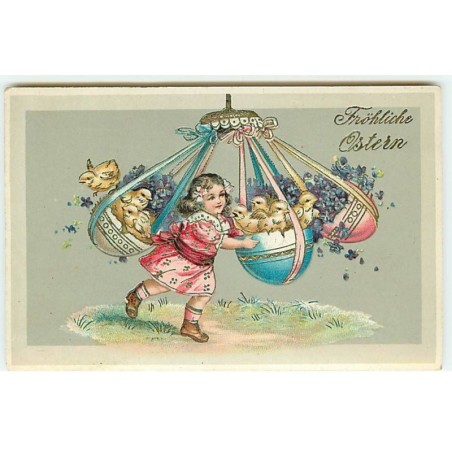 n°20476 - Fröhliche Ostern - Fillette jouant aux chaises volantes avec des poussins