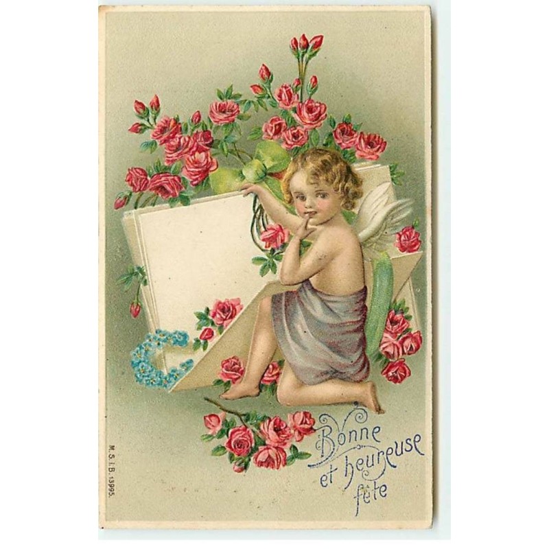 n°20492 - Carte Gaufrée - Fantaisie - Bonne et Heureuse Fête - Ange au milieu de fleurs