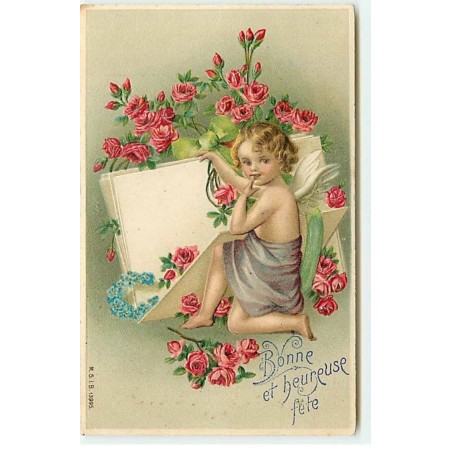 n°20492 - Carte Gaufrée - Fantaisie - Bonne et Heureuse Fête - Ange au milieu de fleurs