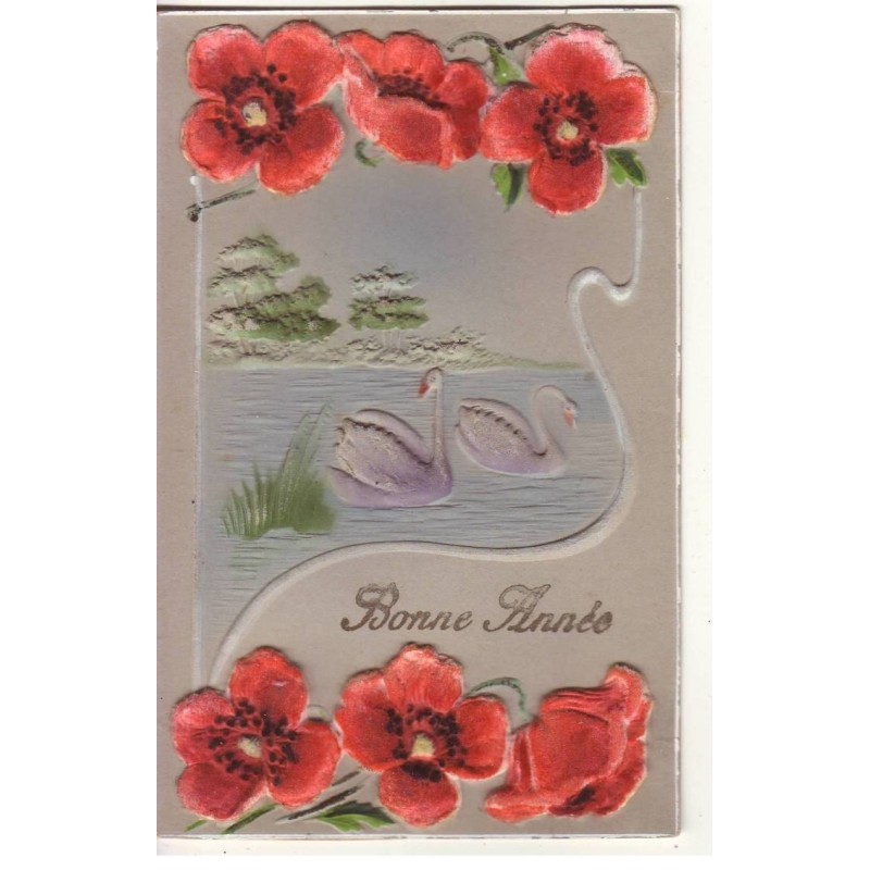 n°20500 - Carte en relief - Bonne Année - Art Nouveau - Cygne et coquelicots en tissu