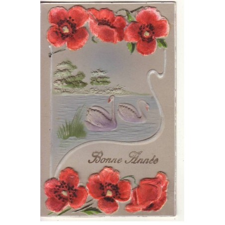 n°20500 - Carte en relief - Bonne Année - Art Nouveau - Cygne et coquelicots en tissu