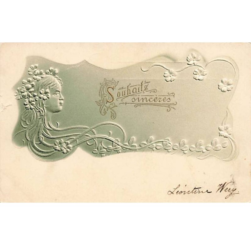 n°25252 - Carte Gaufrée - Fantaisie - Art Nouveau - Souhaits sincères - Femme de Profil