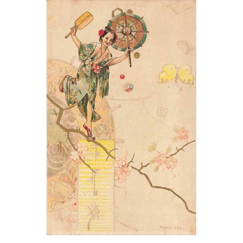 n°25253 - Fantaisie - Femme portant un kimono et tenant une ombrelle marchant sur une branche