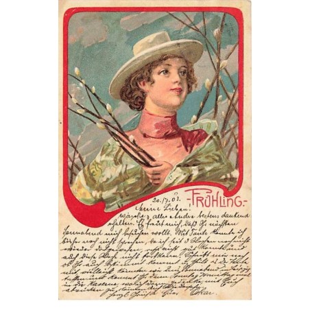 n°25255 - Fantaisie - Fruhling - Femme au milieu de branches de fleurs de coton