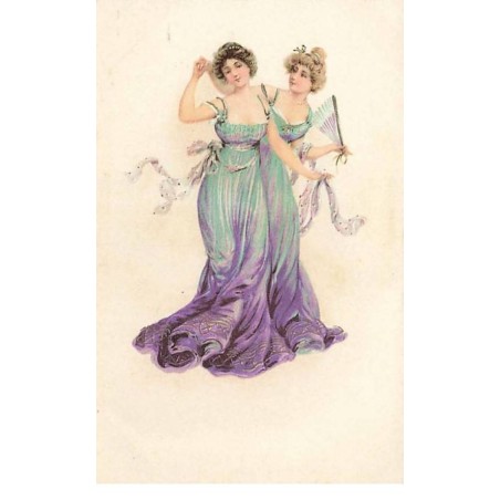 n°25256 - Fantaisie - Deux jeunes femmes avec des robes vertes et violettes, l'une tenant un éventail