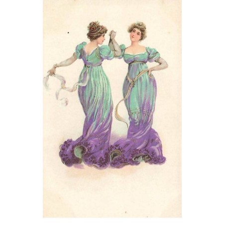 n°25258 - Fantaisie - Deux jeunes femmes avec des robes vertes et violettes dansant