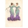n°25258 - Fantaisie - Deux jeunes femmes avec des robes vertes et violettes dansant