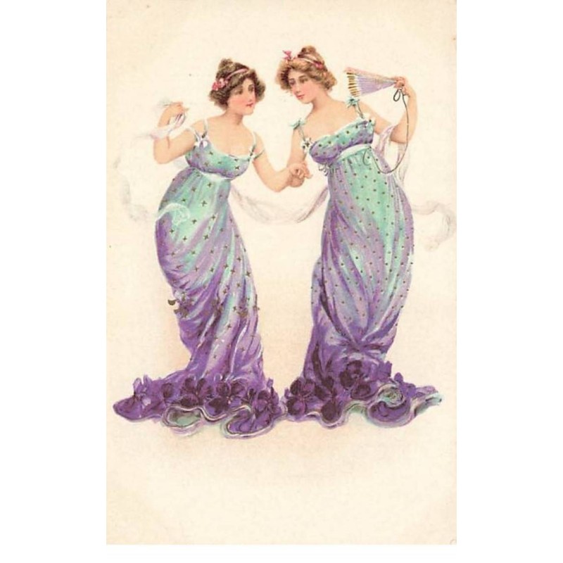 n°25259 - Fantaisie - Deux jeunes femmes avec des robes vertes et violettes dansant, l'une tenant un éventail