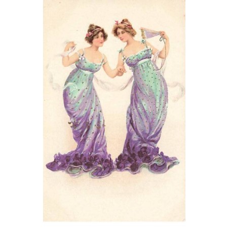 n°25259 - Fantaisie - Deux jeunes femmes avec des robes vertes et violettes dansant, l'une tenant un éventail