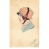 n°25260 - Fantaisie - Carte Peinte à la Main - Femme de profil portant un chapeau avec des cerises