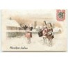 n°12624 - Hauska Joulua - Enfants avec des portes bonheur - Carte à paillettes
