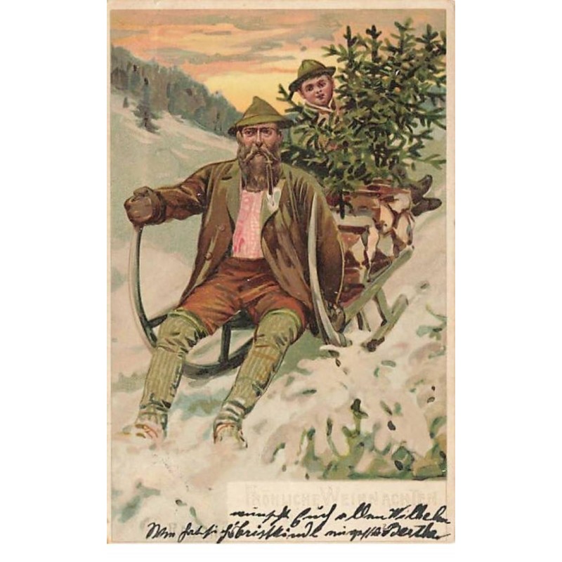 n°25268 - Noël - Fröhliche Weihnachten - Un homme et un garçon sur une luge apportant du bois et un sapin