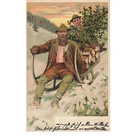 n°25268 - Noël - Fröhliche Weihnachten - Un homme et un garçon sur une luge apportant du bois et un sapin