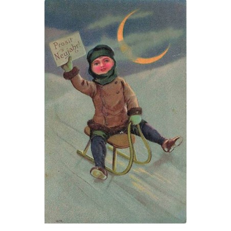 n°25271 - Carte Gaufrée - Nouvel An - Prosit Neujahr - Garçon sur une luge
