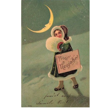n°25272 - Carte Gaufrée - Nouvel An - Prosit Neujahr - Fillette marchant sous la lune