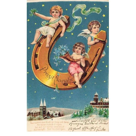 n°25275 - Carte Gaufrée - Nouvel An - Prosit Neujahr - Anges sur un fer à cheval au-dessus d'un village