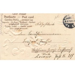 n°25275 - Carte Gaufrée - Nouvel An - Prosit Neujahr - Anges sur un fer à cheval au-dessus d'un village