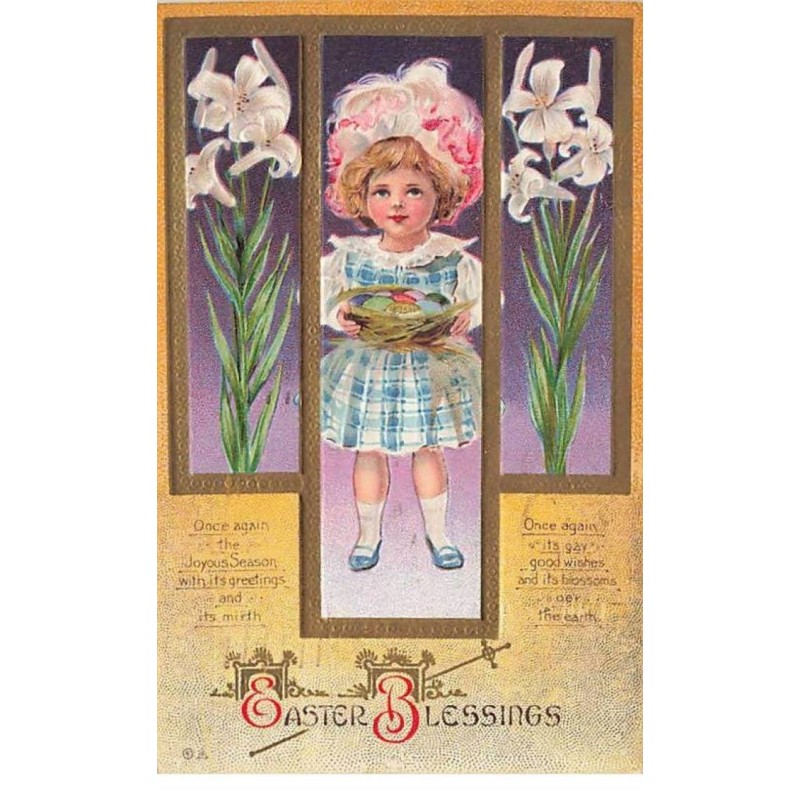 n°25276 - Carte Gaufrée - Pâques - Easter Blessings - Fillette portant un panier rempli d'oeufs, entourée de fleurs