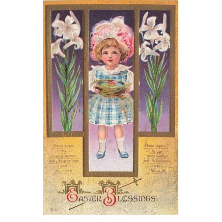 n°25276 - Carte Gaufrée - Pâques - Easter Blessings - Fillette portant un panier rempli d'oeufs, entourée de fleurs