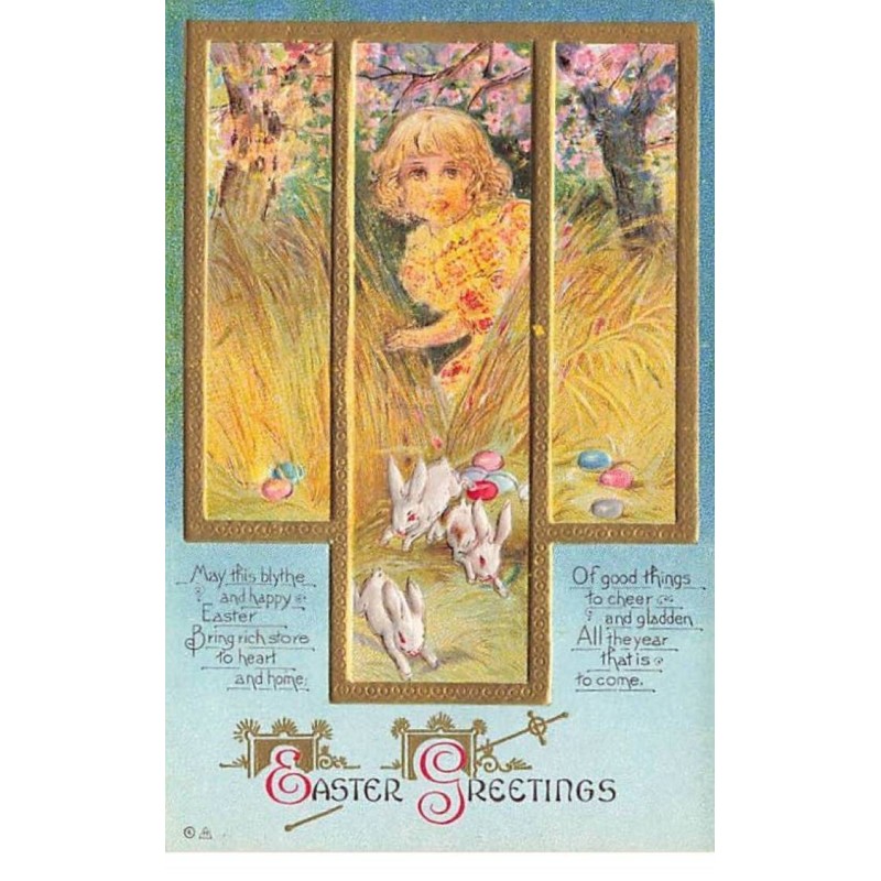 n°25277 - Carte Gaufrée - Pâques - Easter Greetings - Fillette faisant fuir des lapins