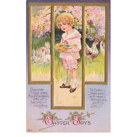 n°25278 - Carte Gaufrée - Pâques - Easter joys - Garçon portant un panier rempli d'oeufs, entouré de poules et de lapins