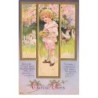 n°25278 - Carte Gaufrée - Pâques - Easter joys - Garçon portant un panier rempli d'oeufs, entouré de poules et de lapins