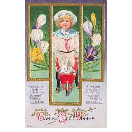 n°25279 - Carte Gaufrée - Pâques - Easter Good Wishes - Garçon poussant un lapin dans une brouette, entouré de crocus