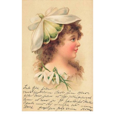 n°25283 - Fantaisie - Jeune fille de profil avec un chapeau en crocus