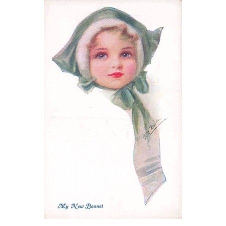 n°25287 - Illustrateur - My New Bonnet - Fillette portant un bonnet vert, avec un ruban