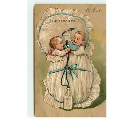 n°12628 - Carte Gaufrée - 1er Avril - La lutte pour la vie - Deux bébés partageant un biberon