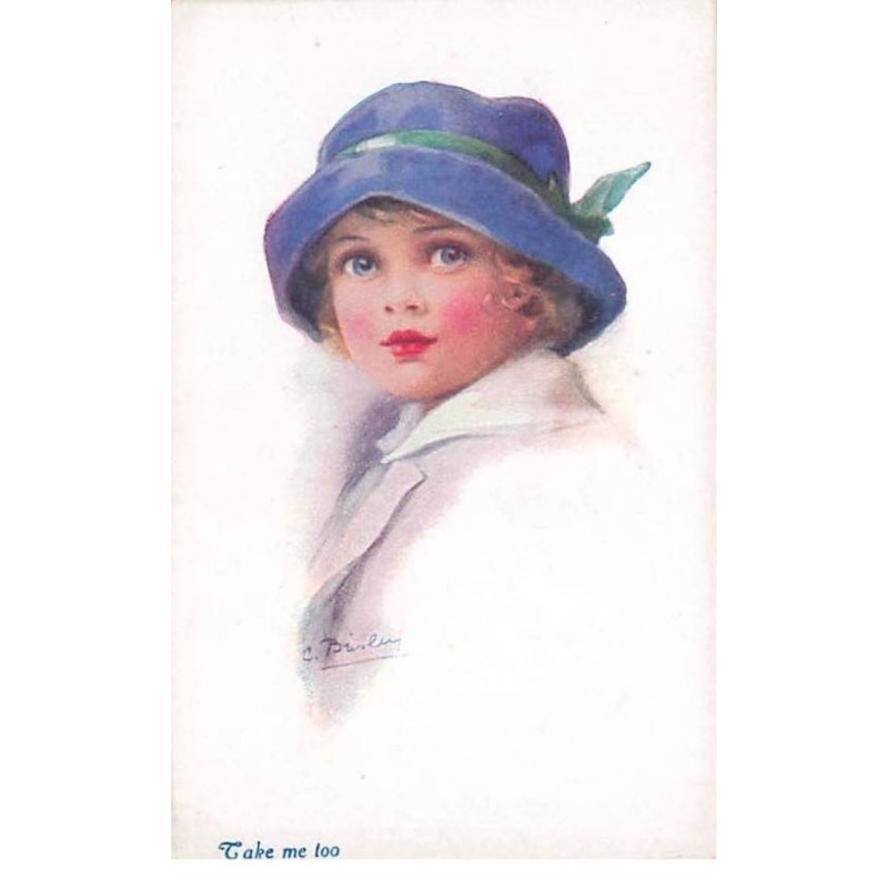 n°25291 - Illustrateur - Take me too - Fillette portant un chapeau bleu avec un ruban vert
