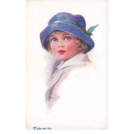 n°25291 - Illustrateur - Take me too - Fillette portant un chapeau bleu avec un ruban vert