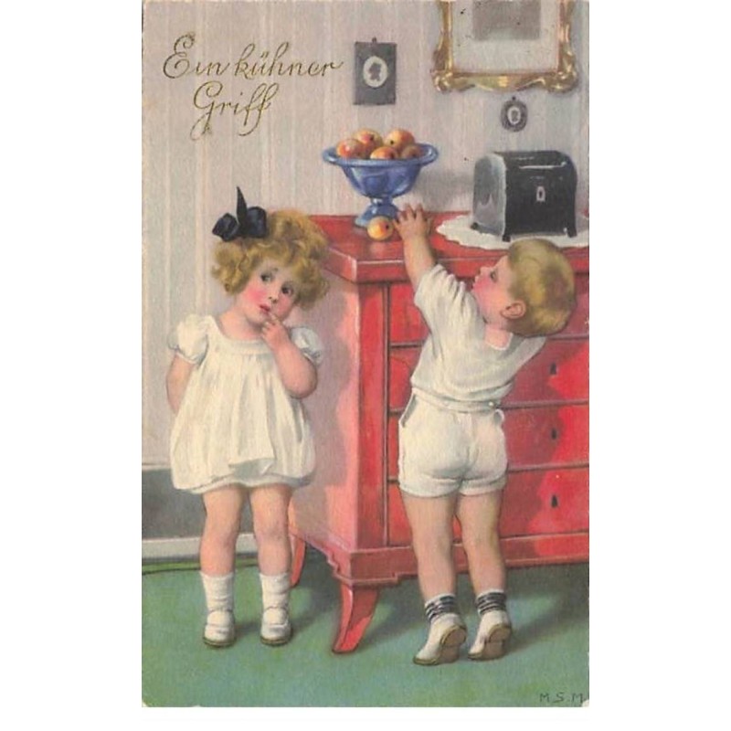 n°25296 - Illustrateur - MSM - Ein Kühner Griff - Fillette près d'un garçon voulant attraper une pomme sur un buffet