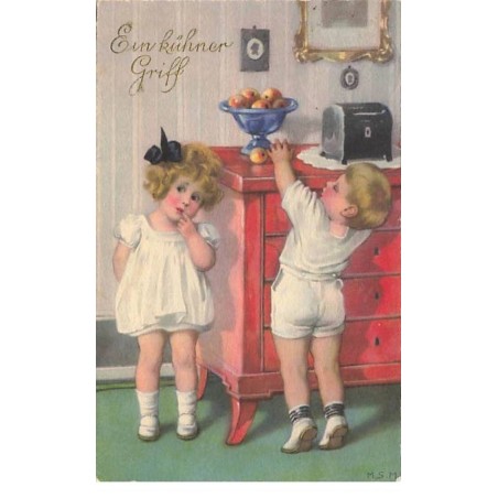 n°25296 - Illustrateur - MSM - Ein Kühner Griff - Fillette près d'un garçon voulant attraper une pomme sur un buffet