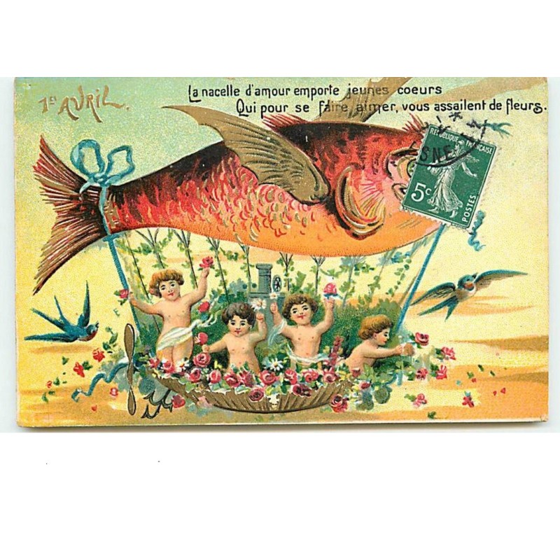 n°12629 - Carte Gaufrée - 1er Avril - La nacelle d'amour emporte jeunes coeurs ... de fleurs