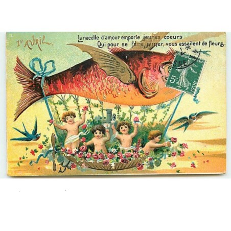 n°12629 - Carte Gaufrée - 1er Avril - La nacelle d'amour emporte jeunes coeurs ... de fleurs
