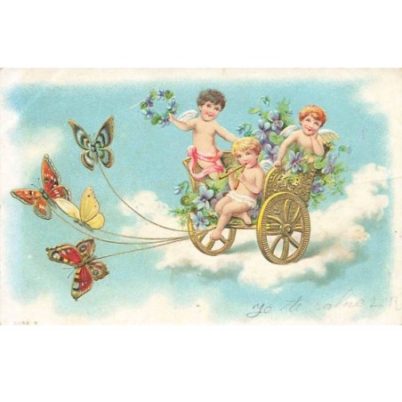 n°25300 - Carte Gaufrée - Fantaisie - Anges dans un char fleuri, tiré par des papillons