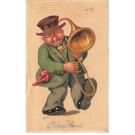 n°25570 - Carte Gaufrée - Bonne Année - Homme souflant dans un Trombone à Coulisse
