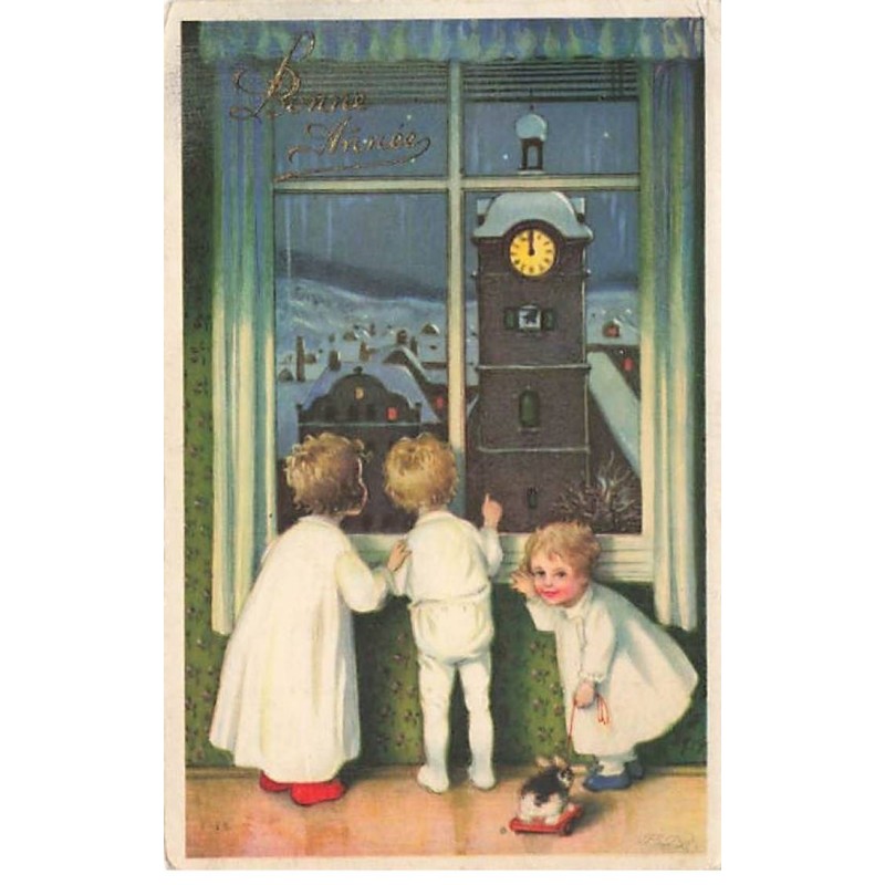 n°25571 - Bonne Année - F. Baumgarten - Enfants regardant à la Fenêtre un paysage Hivernal