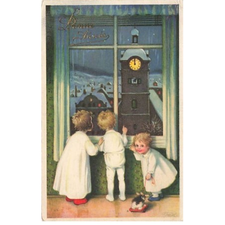 n°25571 - Bonne Année - F. Baumgarten - Enfants regardant à la Fenêtre un paysage Hivernal