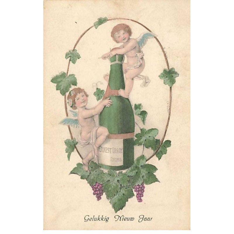 n°25572 - Publicité - Ernest Irroy Reims - Angelots autour d'une Bouteille de Champagne - Vin